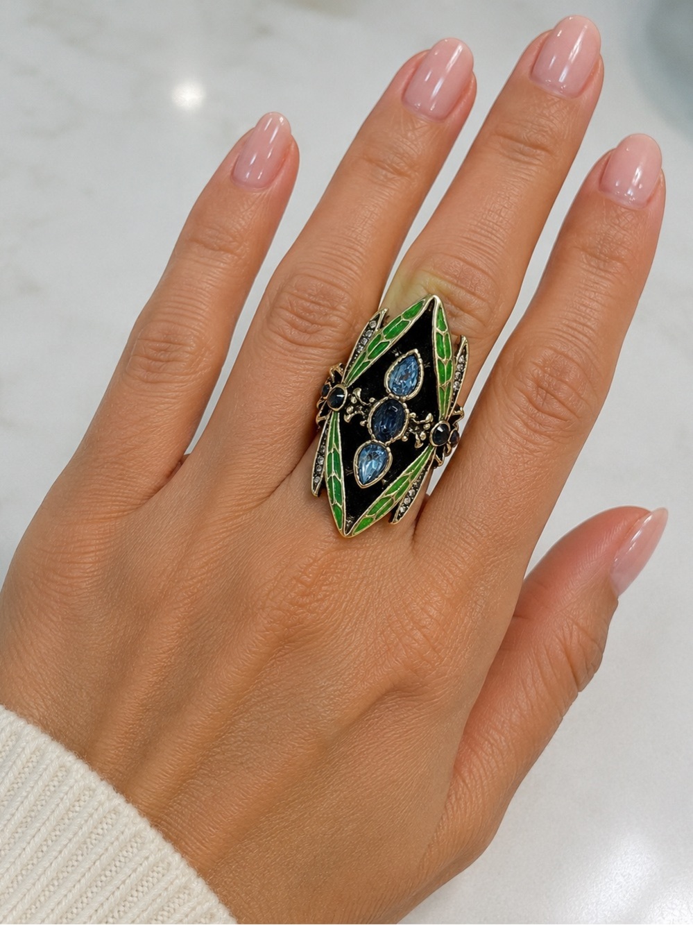 Vintage style Blue green Gemstone Statement Ring Sz 8